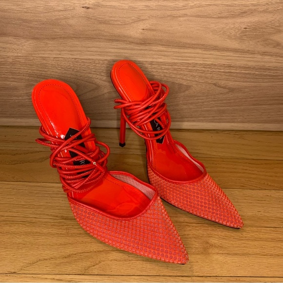 Jessica Rich Women's Exotic Red Strap Lace Up Pointy High Heels - Size 36 - Picture 2 of 12